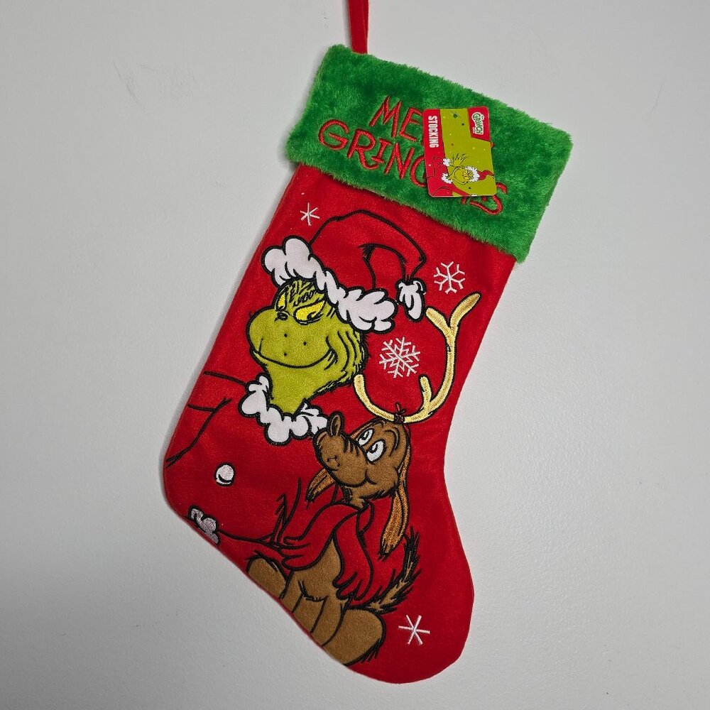 Dr. Seuss The Grinch & Max "Merry Grinchmas" Embroidered Christmas Stocking NEW